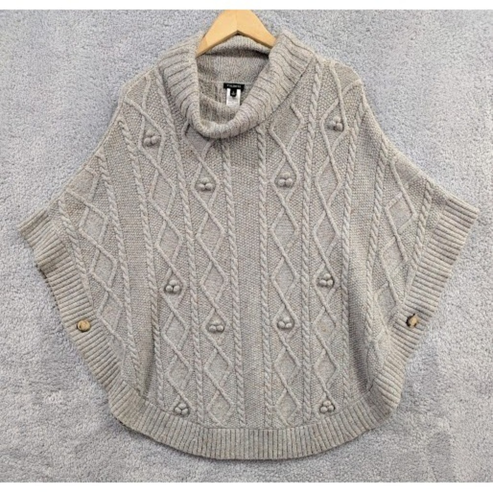 Talbots Poncho Womens Small Gray Wool Blend Cable Knit Turtleneck Button Closure